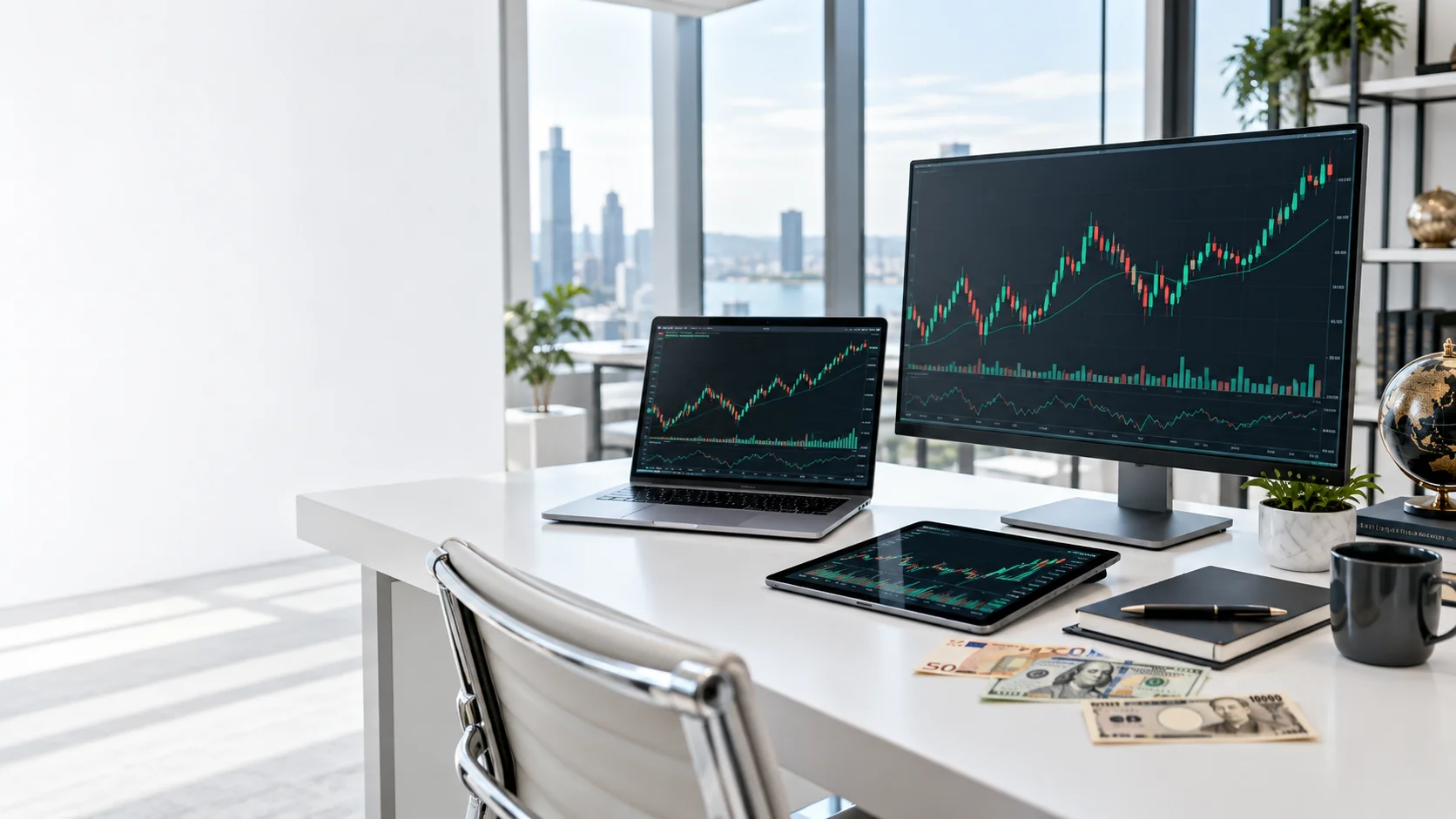 Currency-market charts on a financial research workstation