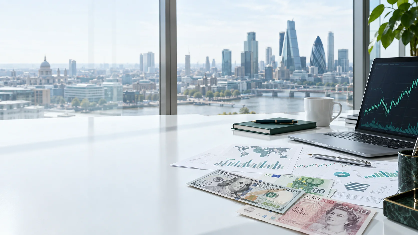 Currency notes, market charts and a trading laptop overlooking London financial district