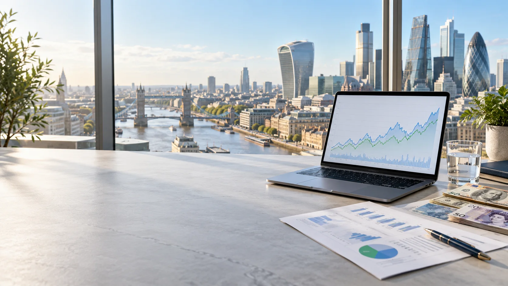 Financial research reports, international currencies and a laptop overlooking London's financial district